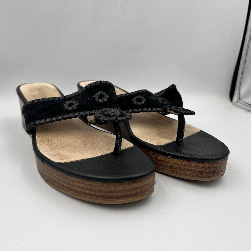 Jack Rogers Jacks Mid Wedge Stacked Suede Sandals Black Whipstitch Women's 9.5